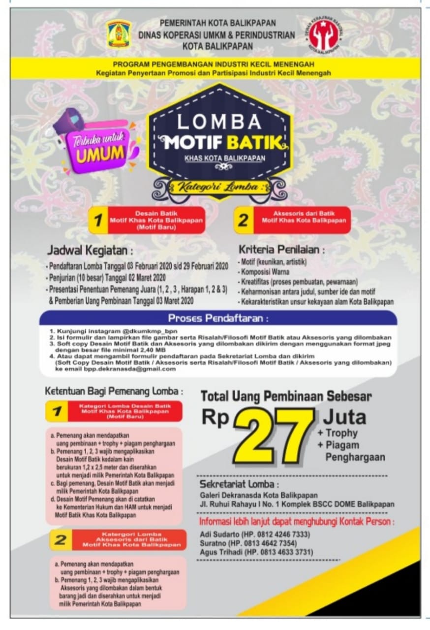 Ikuti Lomba Motif Batik Khas Kota Balikpapan : Total uang Pembinaan Rp 27 Juta